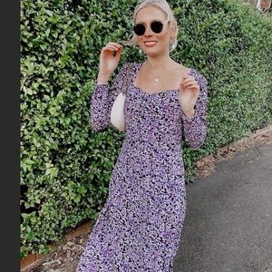 H&M Puff Sleeved Boho Floral Creped Purple Pink Midi Dress